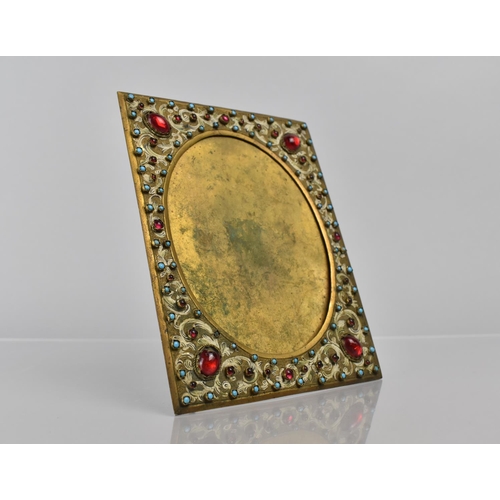 90 - A Late 19th Century Jewelled Brass Easel Back Photo Frame with Oval Opening, 16x12cms