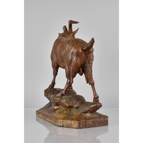 64 - An Oversized 19th Century Black Forest Carved Linden Wood Chamois Standing on a Rocky Outcrop, 14x28... 