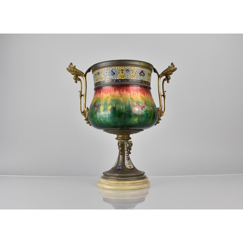 177 - A French 19th/20th Century Champleve Enamel Two Handled Bronze Urn, The Body with Enamel Red, Yellow... 