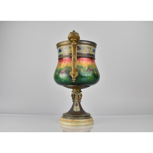 177 - A French 19th/20th Century Champleve Enamel Two Handled Bronze Urn, The Body with Enamel Red, Yellow... 