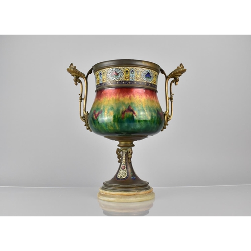 177 - A French 19th/20th Century Champleve Enamel Two Handled Bronze Urn, The Body with Enamel Red, Yellow... 