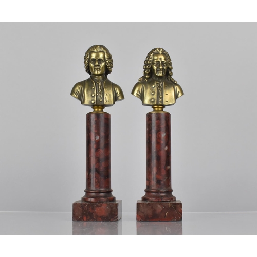 179 - A Pair of French Bronze Busts of Moliere and Rousseau supported on Red Marble Columns with Square Ba... 