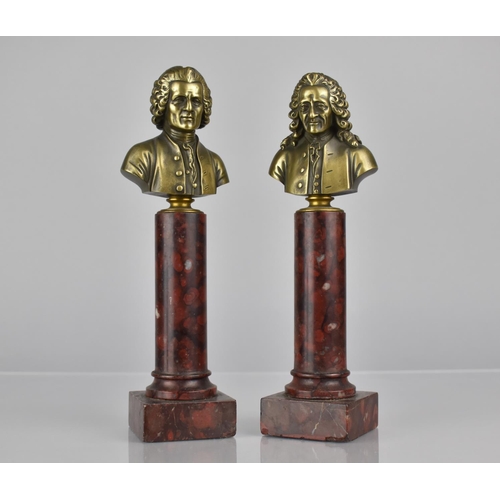 179 - A Pair of French Bronze Busts of Moliere and Rousseau supported on Red Marble Columns with Square Ba... 