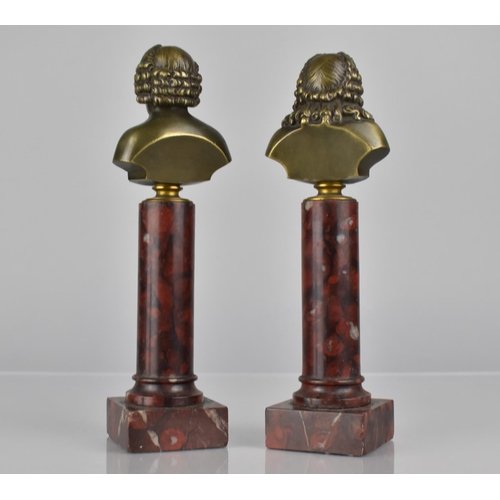 179 - A Pair of French Bronze Busts of Moliere and Rousseau supported on Red Marble Columns with Square Ba... 