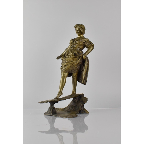 180 - After Gabriele Parente (1875-1899) Bronze of Young Woman Balancing over Footbridge, Naturalistic Bas... 