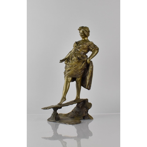 180 - After Gabriele Parente (1875-1899) Bronze of Young Woman Balancing over Footbridge, Naturalistic Bas... 