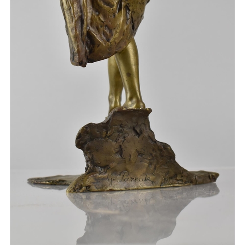 180 - After Gabriele Parente (1875-1899) Bronze of Young Woman Balancing over Footbridge, Naturalistic Bas... 