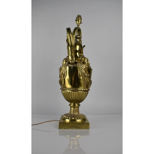 181 - After Sigisbert-Francois Michel Gilt Metal Lamp formed as Classical Ewer, Scrolled Twin Handles Surm... 