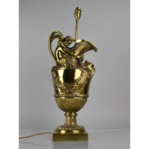 181 - After Sigisbert-Francois Michel Gilt Metal Lamp formed as Classical Ewer, Scrolled Twin Handles Surm... 