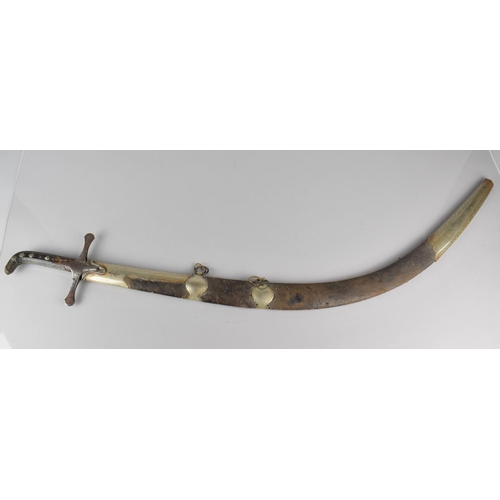 137 - A 19th Century Indo Persian Shamshir Sabre with Engraved Curved Blade, Studded Handle and Metal Cros... 