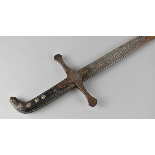 137 - A 19th Century Indo Persian Shamshir Sabre with Engraved Curved Blade, Studded Handle and Metal Cros... 