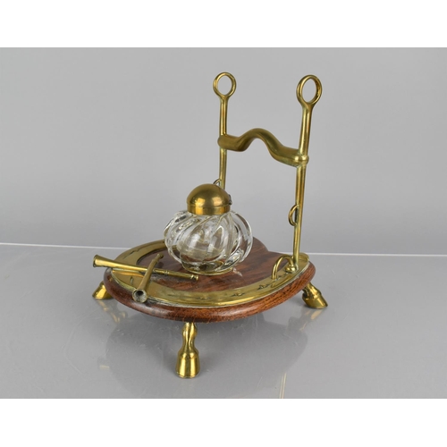 186 - Hunting Interest: An Early 20th Century Brass and Wooden Novelty Ink and Pen Stand of Horse Shoe For... 