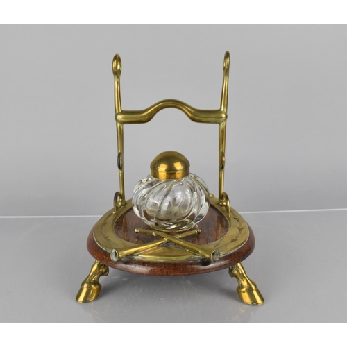 186 - Hunting Interest: An Early 20th Century Brass and Wooden Novelty Ink and Pen Stand of Horse Shoe For... 