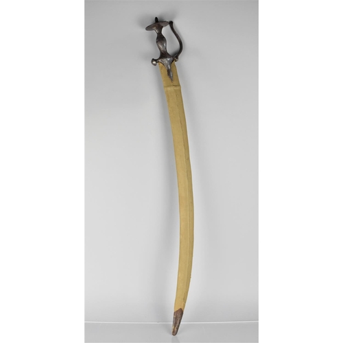 143 - A 19th Century Indian Talwar with Engraved Handle, Disc Pommel and Canvas Covered Wooden Scabbard