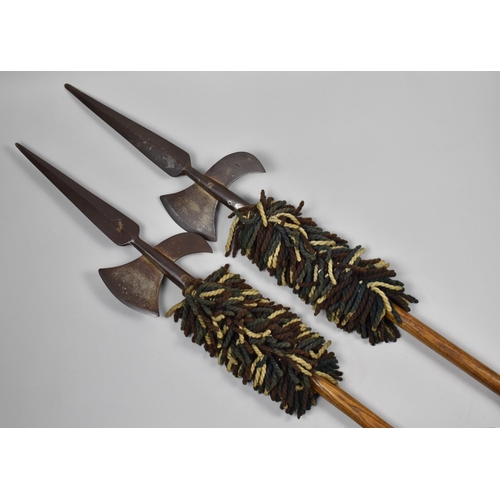 148 - A Pair of Medieval Style Iron Pikes Set on Turned Wooden Poles with Woollen Tassel Decoration, 220cm... 