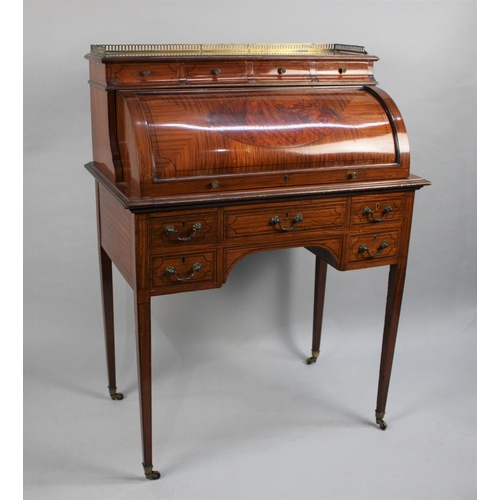 74 - A Good Edwardian Sheraton Revival Satinwood and String Inlaid Cylinder Bureau with Pull Out Writing ... 