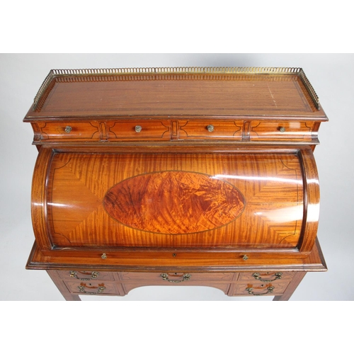 74 - A Good Edwardian Sheraton Revival Satinwood and String Inlaid Cylinder Bureau with Pull Out Writing ... 