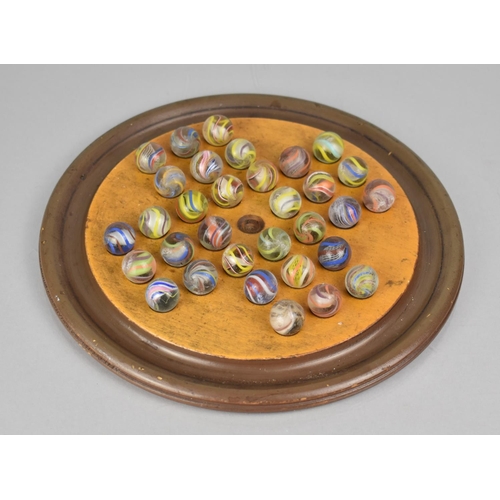 80 - A Turned Wooden Solitaire Board Housing 32 19th Century German Latticino Marbles, Board 23cms Diamet... 