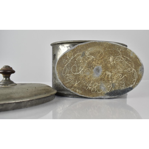 193 - An Early Continental Oval Pewter Lidded Tobacco Box with Inner Lead Weight or Press, 15cms Wide