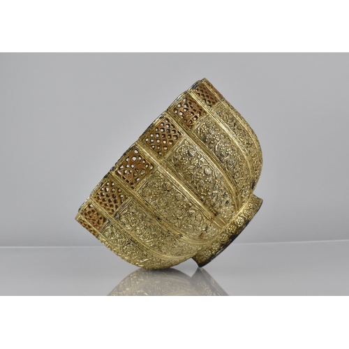 196 - A Middle Eastern Metal Bowl of Lobed Form, Each Side Decorated with Repousse Floral Design and with ... 