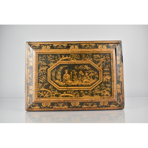 17 - A 19th Century Lacquered Chinoiserie Work Box with Ormolu Bracket Feet, Hinged Lid to Removable Tray... 