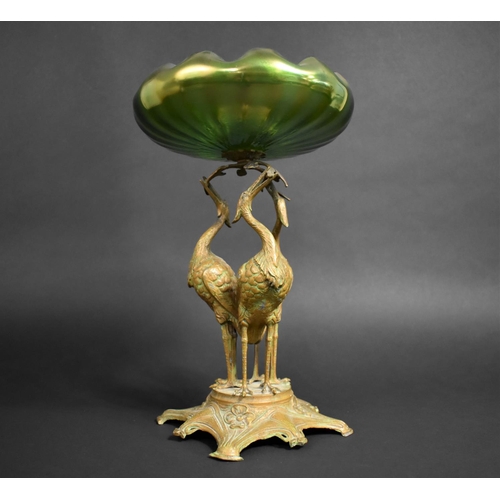 160 - An Austrian Art Nouveau Table Centre, Moulded Iridescent Green Glass Bowl Supported on Patinated Spe... 