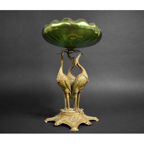 160 - An Austrian Art Nouveau Table Centre, Moulded Iridescent Green Glass Bowl Supported on Patinated Spe... 