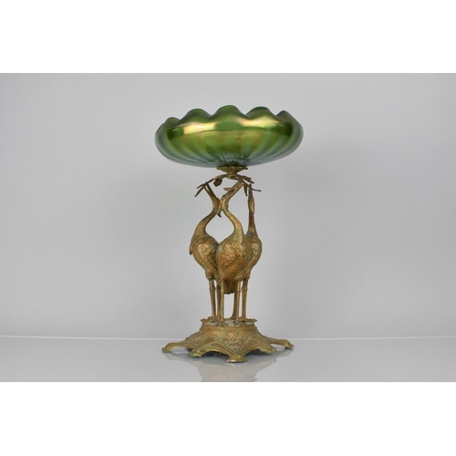 160 - An Austrian Art Nouveau Table Centre, Moulded Iridescent Green Glass Bowl Supported on Patinated Spe... 