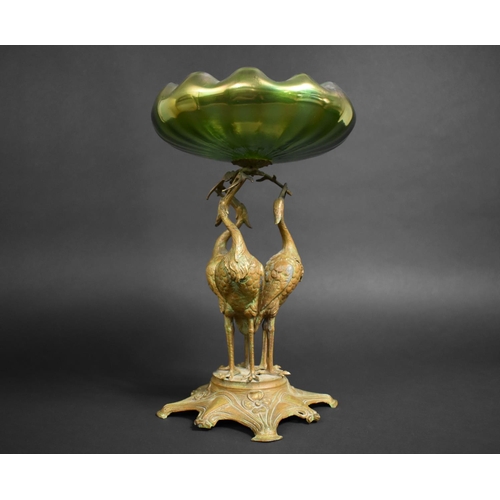 160 - An Austrian Art Nouveau Table Centre, Moulded Iridescent Green Glass Bowl Supported on Patinated Spe... 