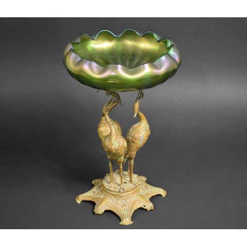 160 - An Austrian Art Nouveau Table Centre, Moulded Iridescent Green Glass Bowl Supported on Patinated Spe... 