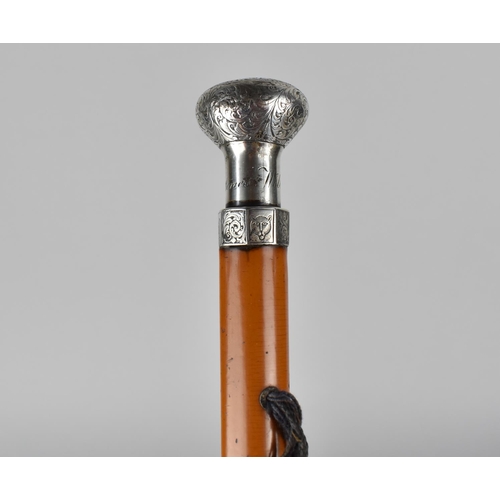 169 - A Malacca Walking Cane with White Metal (Probably Silver) Top Engraved, Monogrammed and Inscribed 'W... 