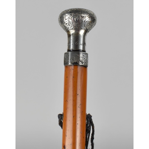 169 - A Malacca Walking Cane with White Metal (Probably Silver) Top Engraved, Monogrammed and Inscribed 'W... 