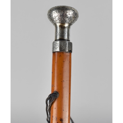 169 - A Malacca Walking Cane with White Metal (Probably Silver) Top Engraved, Monogrammed and Inscribed 'W... 