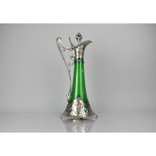 163 - A WMF Art Nouveau Green Glass and Pewter Claret Jug Designed After Albert Meyer c.1900, the Tapering... 