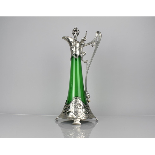 163 - A WMF Art Nouveau Green Glass and Pewter Claret Jug Designed After Albert Meyer c.1900, the Tapering... 