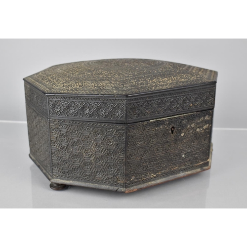 20 - An Ornately Carved North Indian or Persian Hexagonal Box, Missing Four Bun Feet, 26xms Wide and 12cm... 