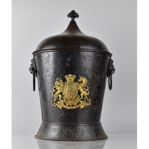 195 - A 19th Century Circular Lidded Toleware Coal Bucket with Brass Royal Crest Mount and two Lion Mask R... 