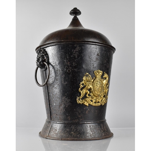 195 - A 19th Century Circular Lidded Toleware Coal Bucket with Brass Royal Crest Mount and two Lion Mask R... 