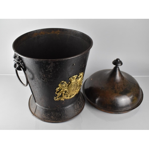 195 - A 19th Century Circular Lidded Toleware Coal Bucket with Brass Royal Crest Mount and two Lion Mask R... 