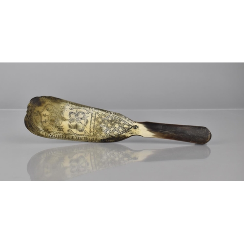 86 - A Cow Horn Shoe Horn Inscribed with Crown, Yorkshire Rose and 'Robert Mindum Made This Shooeing Horn... 