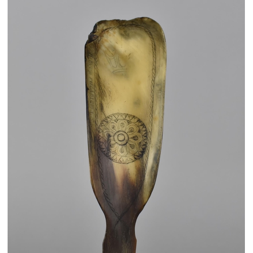 86 - A Cow Horn Shoe Horn Inscribed with Crown, Yorkshire Rose and 'Robert Mindum Made This Shooeing Horn... 