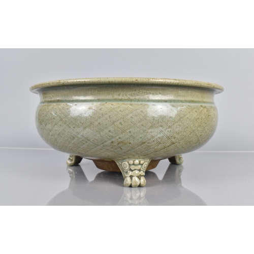 337 - An Early  and Large Chinese Celadon Tripod Censer with Incised Decorated Exterior and Inner Bowl rev... 