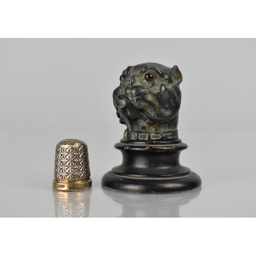 88 - A Victorian Novelty Patinated Metal Thimble Case in the Form of an English Bulldog with Glass Eyes S... 