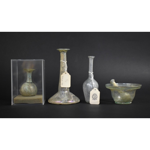 92 - Five Pieces of Roman Glass, Two Examples with Tags for Christies 13th July 1983 Sale, Tallest Bottle... 