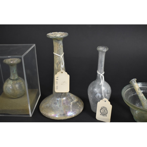 92 - Five Pieces of Roman Glass, Two Examples with Tags for Christies 13th July 1983 Sale, Tallest Bottle... 