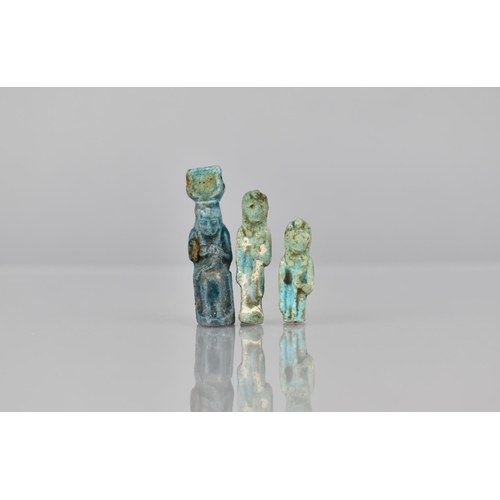 93 - Three Ancient Egyptian Ptolemaic Period Small Faience Figures, Anubis and Isis, 4cms and 3cms High. ... 