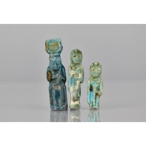 93 - Three Ancient Egyptian Ptolemaic Period Small Faience Figures, Anubis and Isis, 4cms and 3cms High. ... 