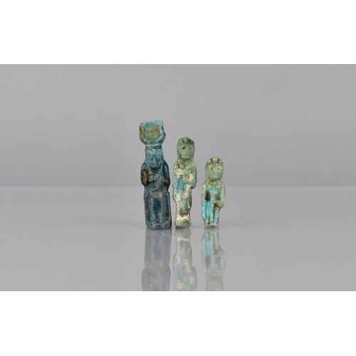 93 - Three Ancient Egyptian Ptolemaic Period Small Faience Figures, Anubis and Isis, 4cms and 3cms High. ... 