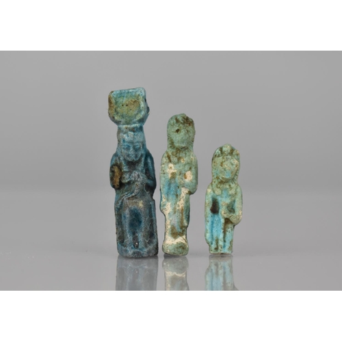 93 - Three Ancient Egyptian Ptolemaic Period Small Faience Figures, Anubis and Isis, 4cms and 3cms High. ... 