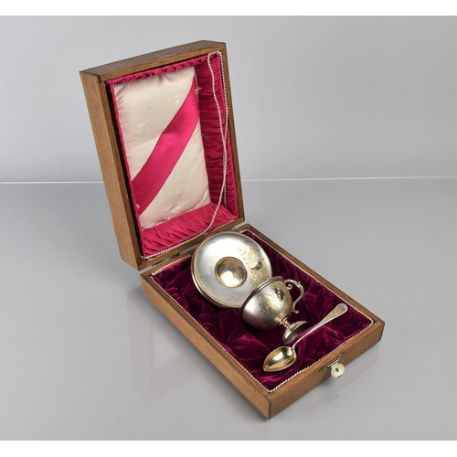 243 - A Continental Silver and Gilt Christening Set in Wooden Presentation Box with Decorated Hinged Lid, ... 